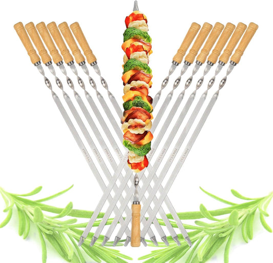 23.6" Large Size Kabob Skewers Flat Metal BBQ Barbecue Skewer Wooden Handle Stainless Steel Shish Kabob Stick Wide Reusable Grilling Set Meat Shrimp Chicken Vegetable Kebab Fork Sausage-12PCS