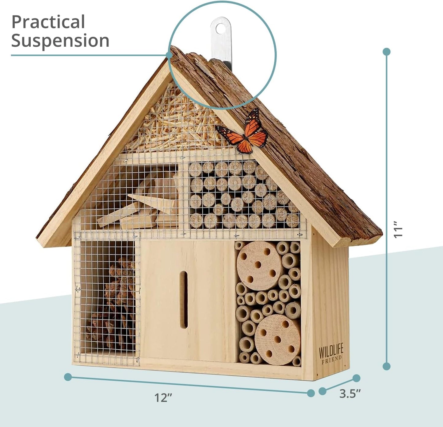 Small Insect Hotel with Bark Roof - Untreated Natural Wood Insect House for Bees, Ladybugs, Lacewings & Butterflies - Nesting Aid for Hanging, Bee Hotel