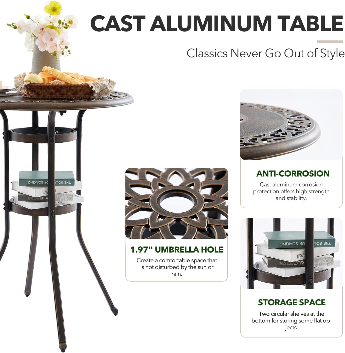 3 Piece Swivel Outdoor Table and Chairs Bar Set , All-Weather Cast Aluminum Outdoor High Top Patio Bar Set Bistro Set, High Swivel Stools with Cushions Umberlla Hole for Balcony, Poolside,Garden,Lawn