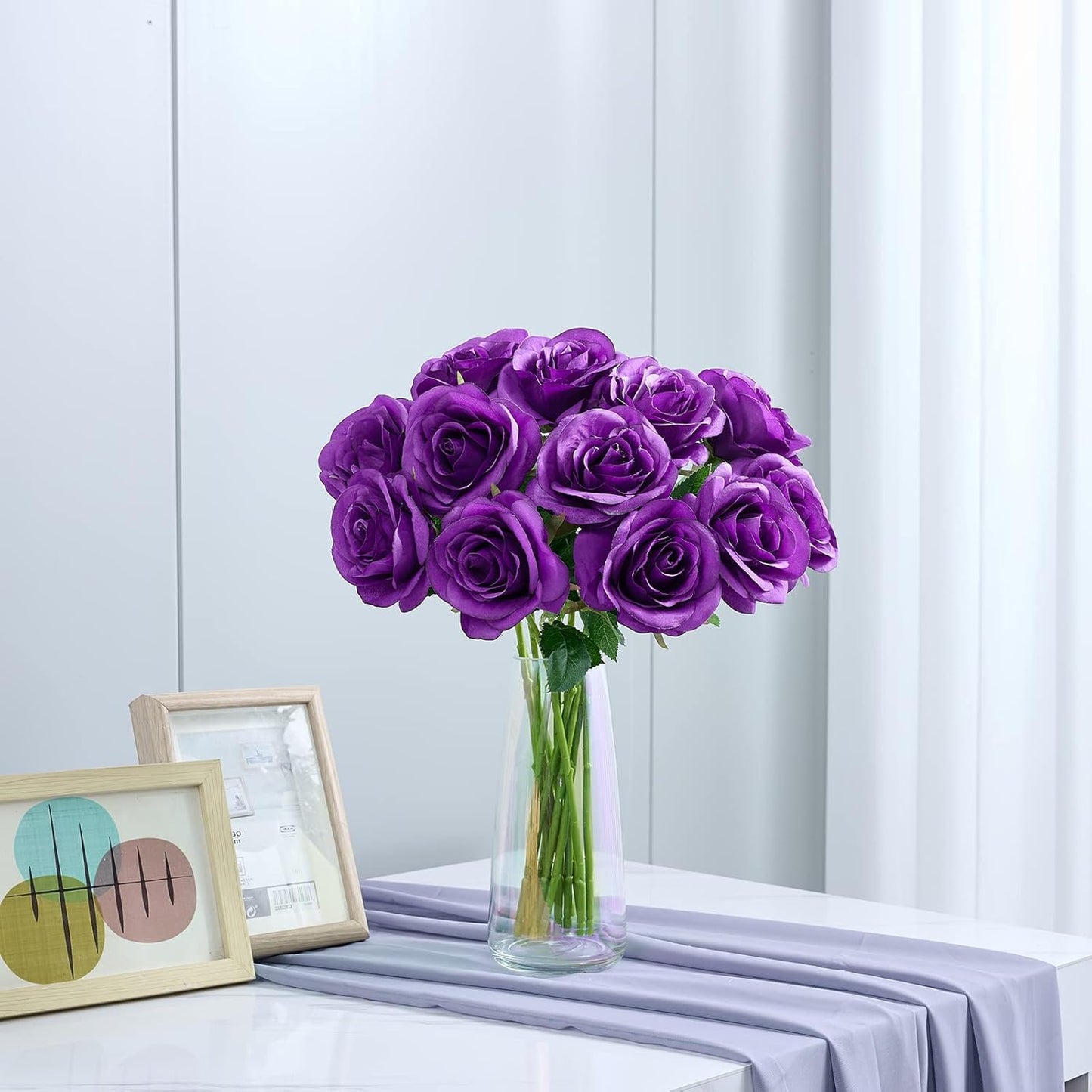 12Pcs Purple Roses Artificial Flowers Fake Roses Silk Flowers Real Touch Rose with Long Stems for Wedding Home Office Baby Shower Party Centerpieces Decorations