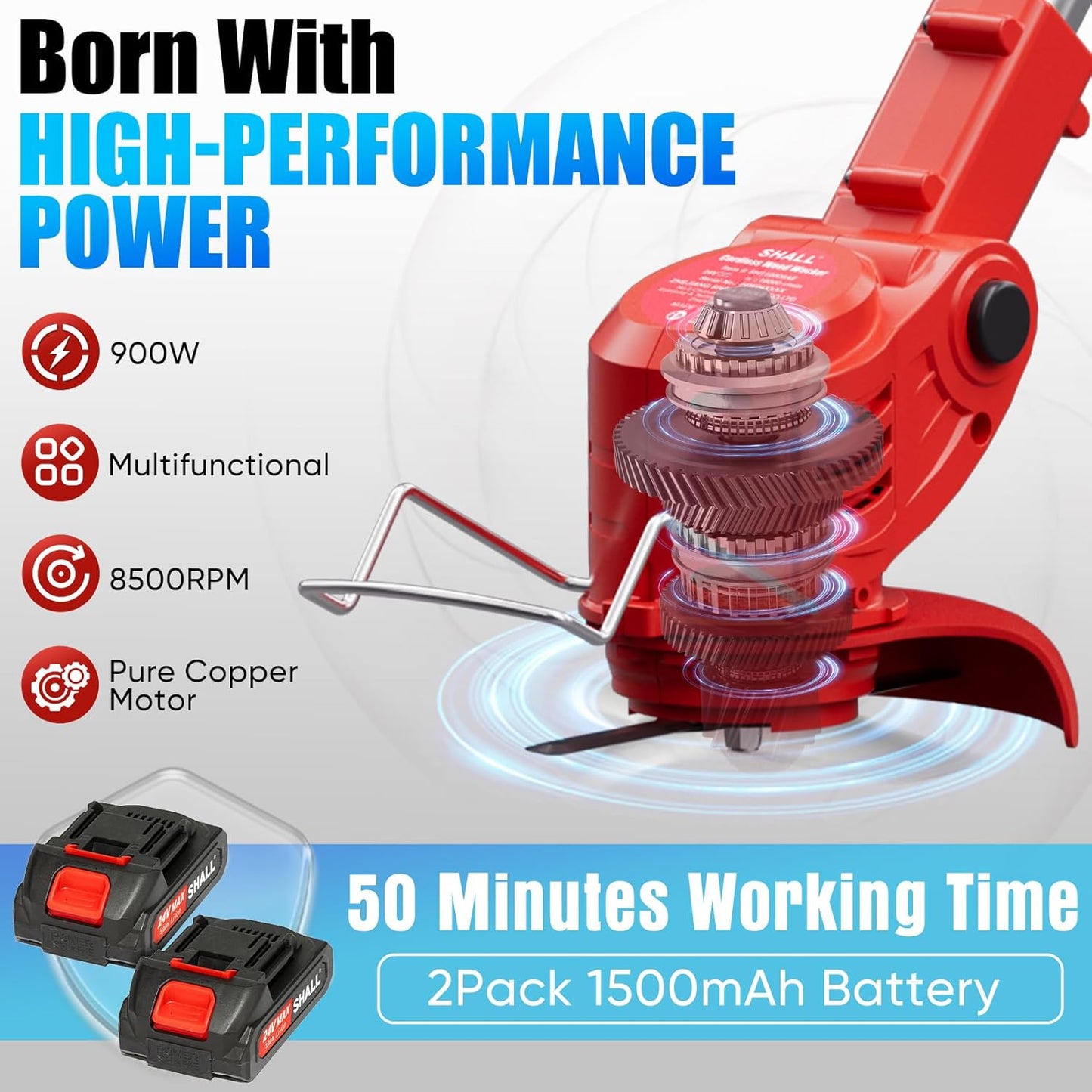 SHALL 24V Cordless Weed Wacker, 3-in-1 Electric Weed Eater Grass String Trimmer Edger, Telescopic Brush Cutter, 2 x 1.5Ah Battery Powered Lawn Mower with 3 Types Blades & Wheels for Yard Garden