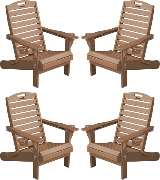 Adirondack Chairs Set of 4, Outdoor Fire Pit Chairs, HDPE All-Weather Adirondack Chairs with Cup Holder, Lawn Chair for Deck, Patio, Garden (Teak)
