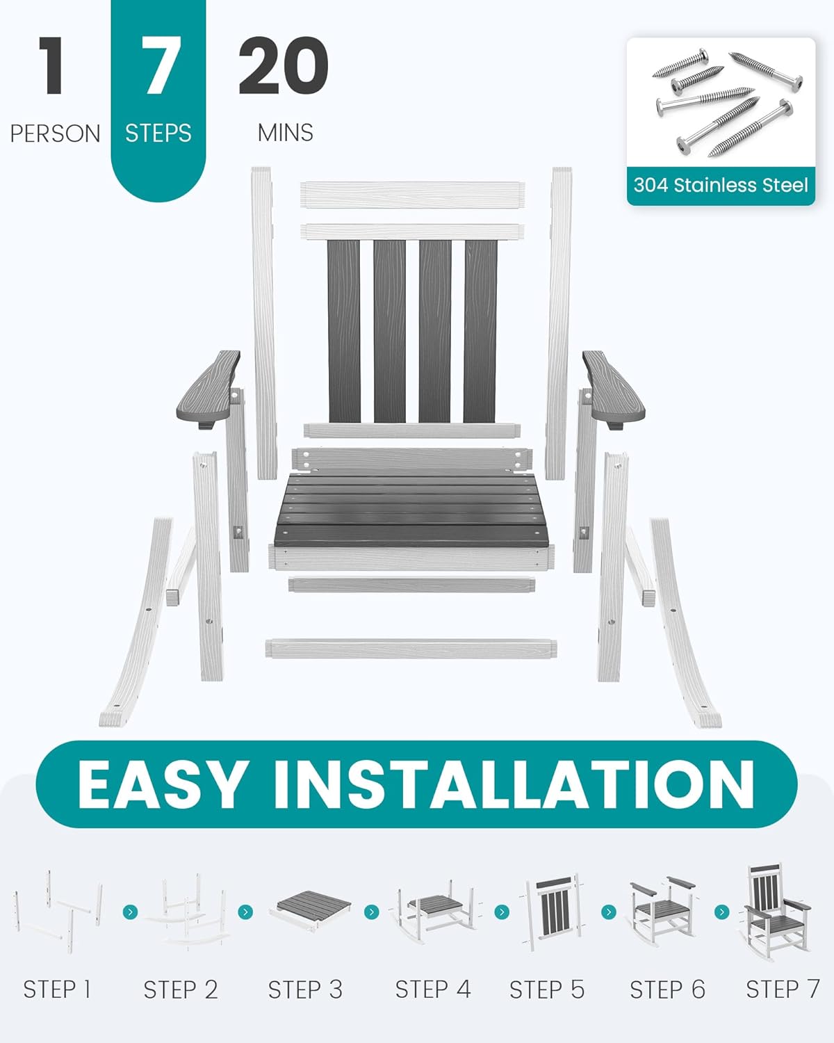SERWALL Outdoor Rocking Chair, HDPE Rocking Chairs for Adult, All Weather Porch Rockers for Lawn Garden, Gray & White