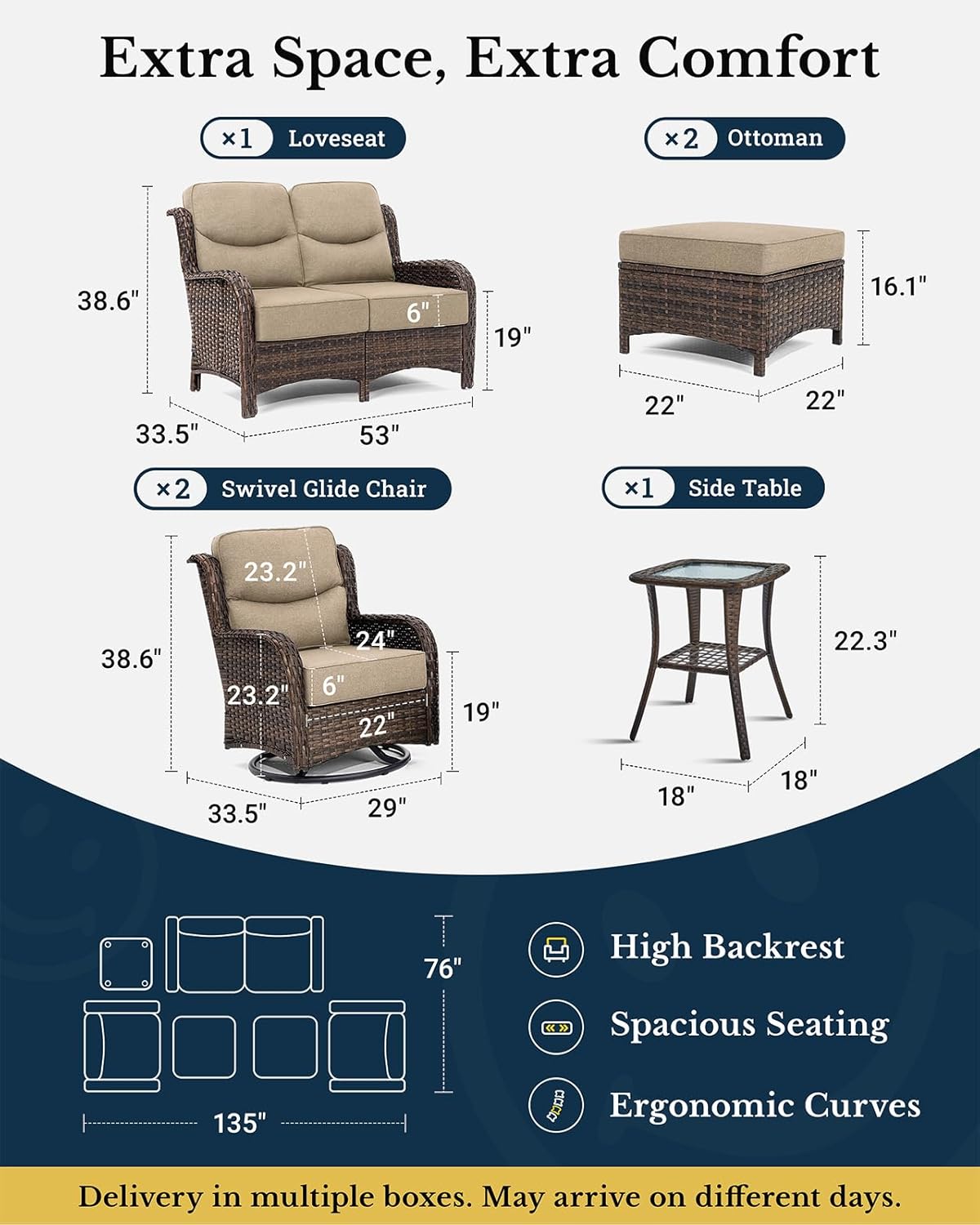 HILLGA Luxury Patio Furniture Set with 6-inch Thick Cushion, Outdoor Loveseat and High Back Swivel Rocker Patio Chairs, 6PCS Wicker Conversation Set for Deck Yard and Poolside, Beige (V2)