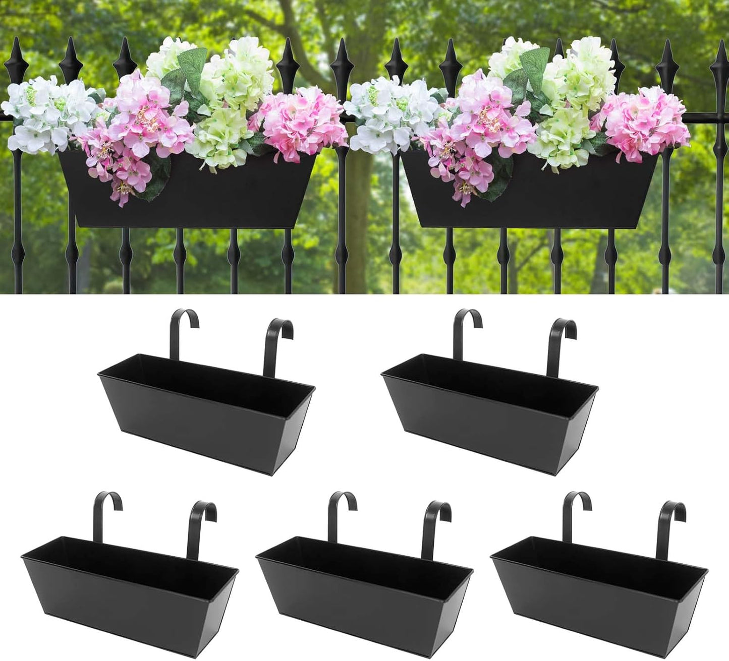 Railing Planters Outdoor Balcony 16 Inch Deck Over The Railing Planter Boxes Hanging Planters for Fence Flower 5 Pcs (Black)