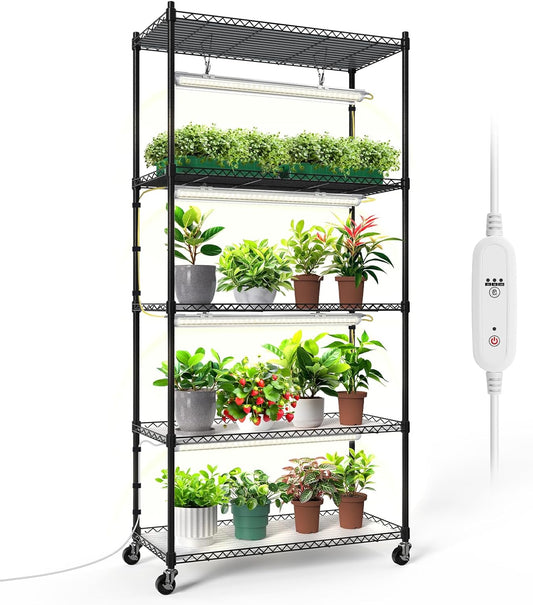 Plant Shelf with Grow Lights, 5-Tier Plant Stand with T8 24W Grow Light for Indoor Plants with Wheel, 5000K Full Spectrum LED Plant Light with Timer for Seedling, Seed Starting, 29.5x13.8x59IN