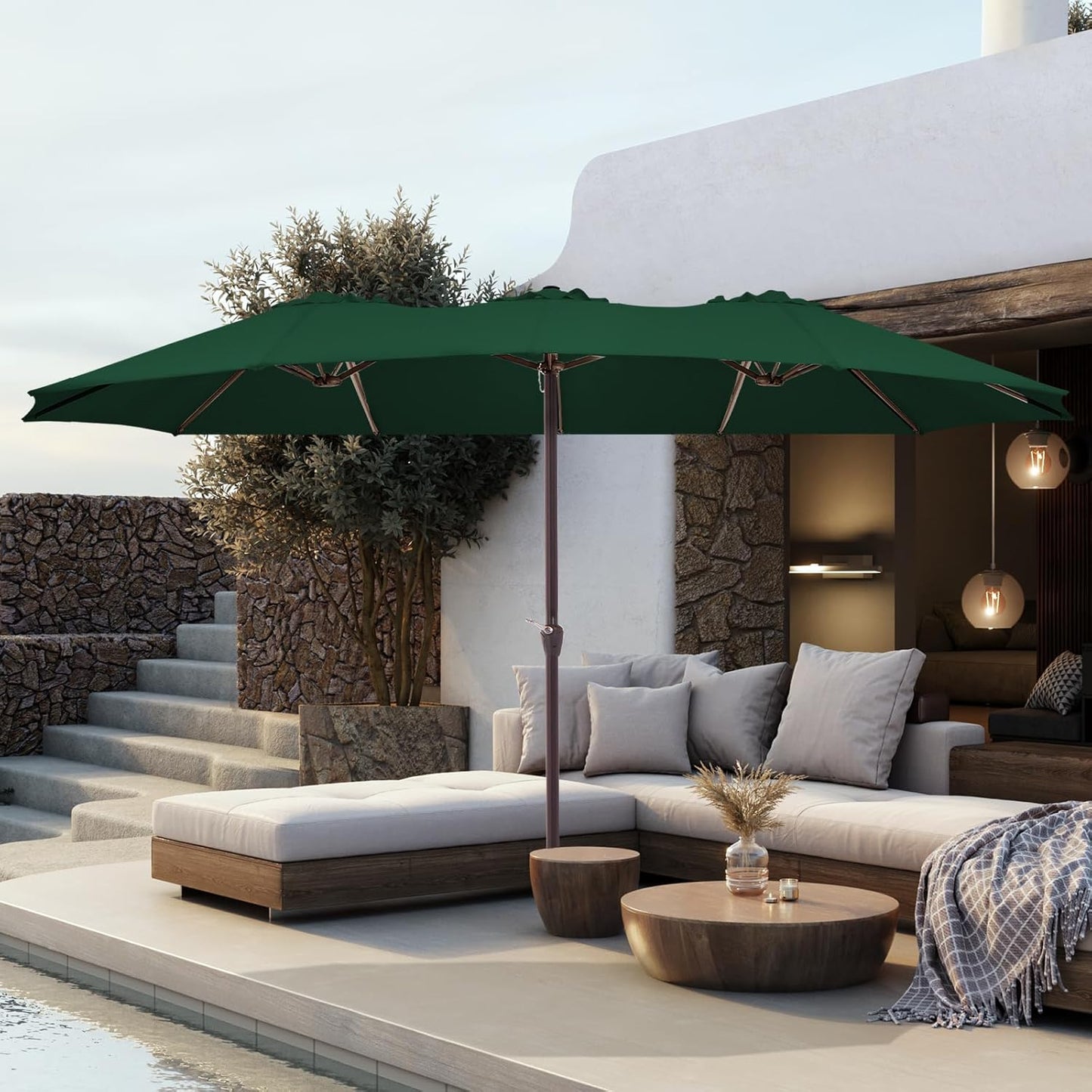 JEAREY 15FT Patio Umbrella Large Outdoor Umbrella Extra Double-Sided Market Umbrella with Crank Handle for Garden, Deck, Backyard and Pool, Dark Green