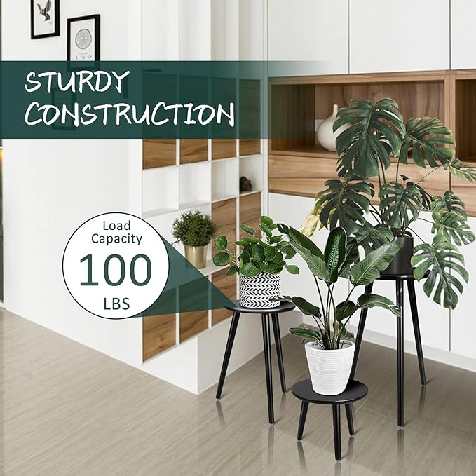 Uneedem Indoor Plant Stand Wood Mid Century Plant Stand for Indoor Plants, Modern Plant Table,Tall Plant Holder for Flower Pots, Small Round Side Table, End Table (B2-Black,High: 16.5")