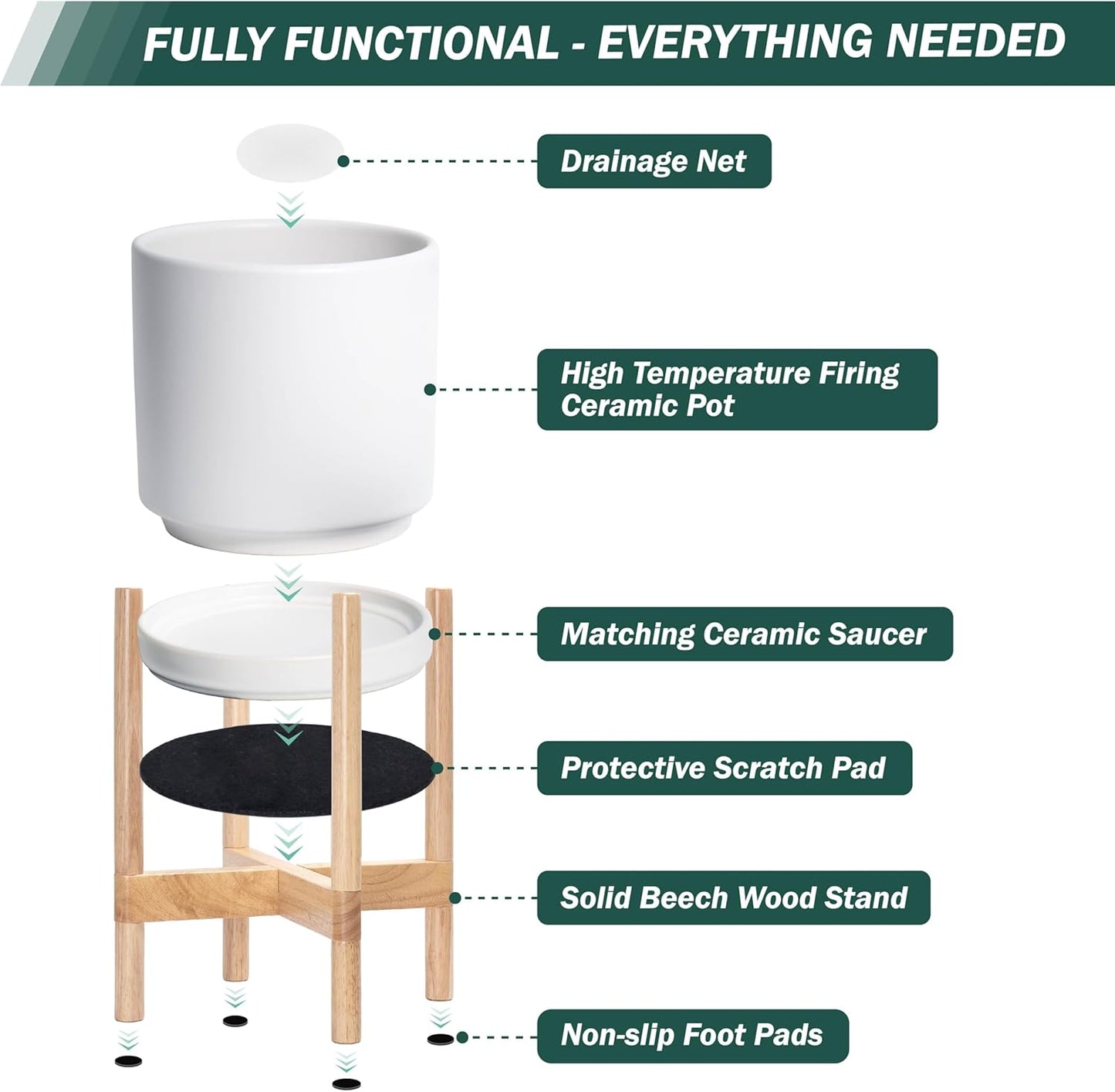 D'vine Dev Ceramic Planter with Natural Stand - 8 Inch Modern Round Flower Pot with Wood Planter Holder, White, 55-B-N-1