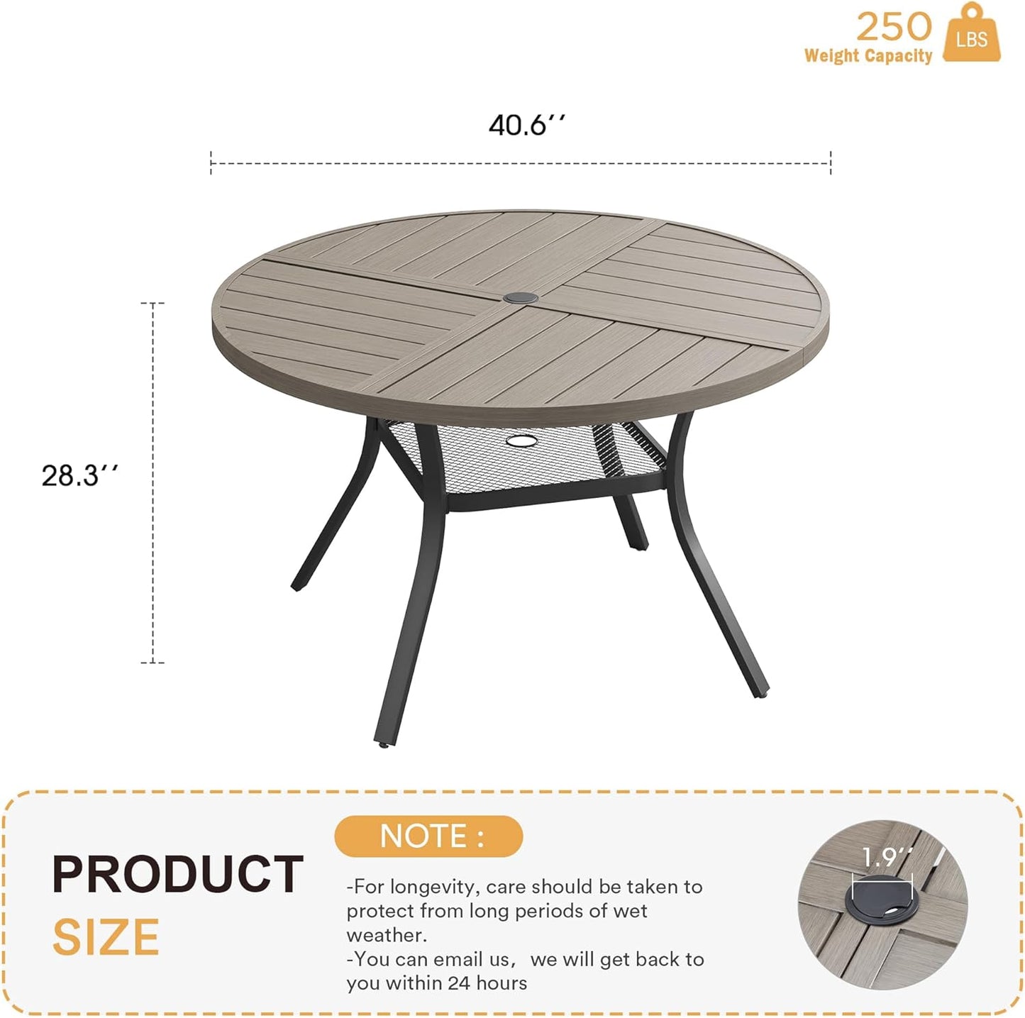 VICLLAX Round Patio Table with Adjustable Umbrella Hole for 4, All Weather Metal Outdoor Dining Table for Lawn Garden, 40.6" Outdoor Coffee Table, Grey Wood-Like Tabletop