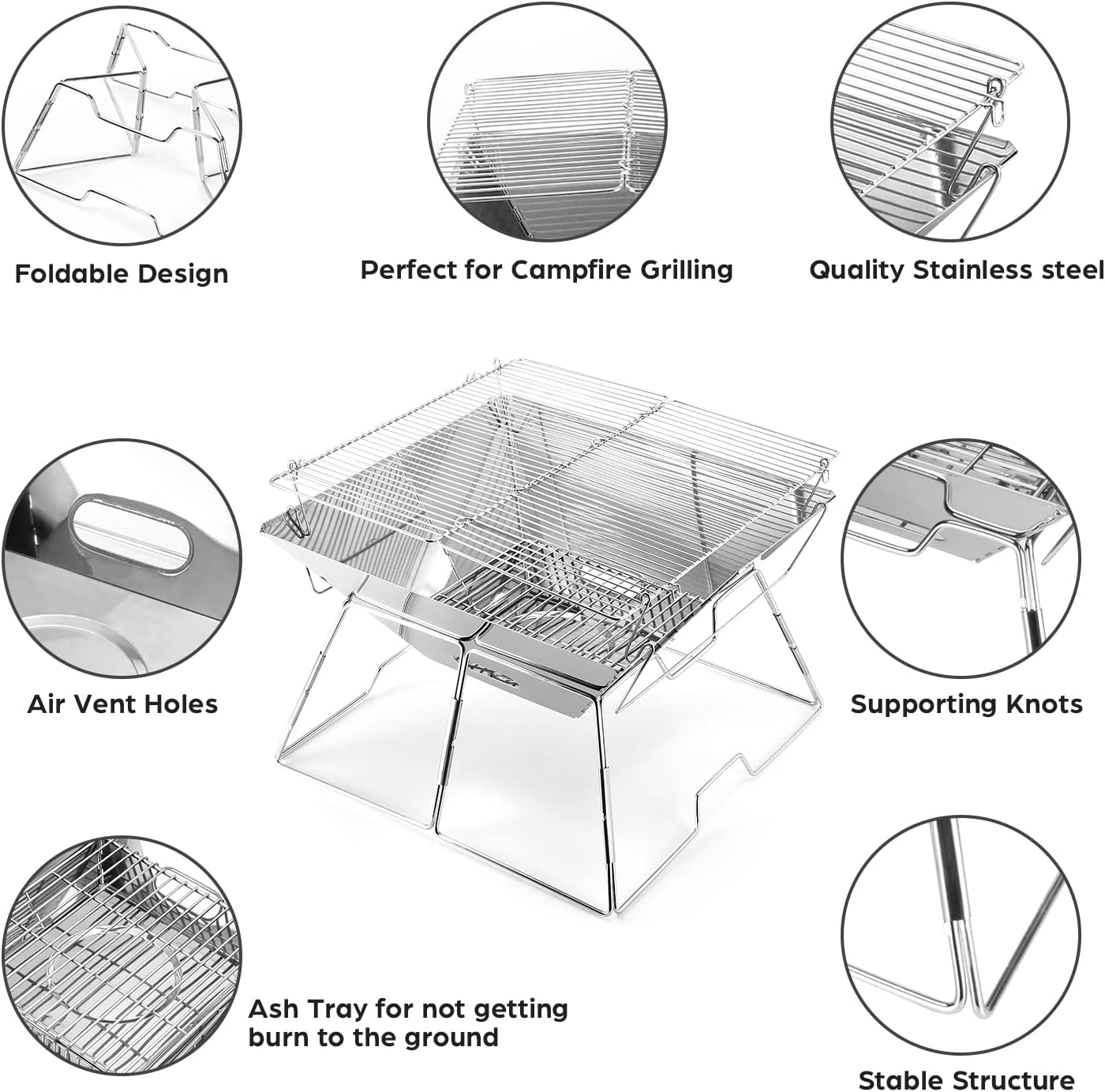 Odoland Folding Campfire Grill, 304 Stainless Steel Grate Barbeque Grill, Portable Camping Grill with Legs for Picnics, Backpacking, Outdoor with Carrying Bag and Kitchen Tongs