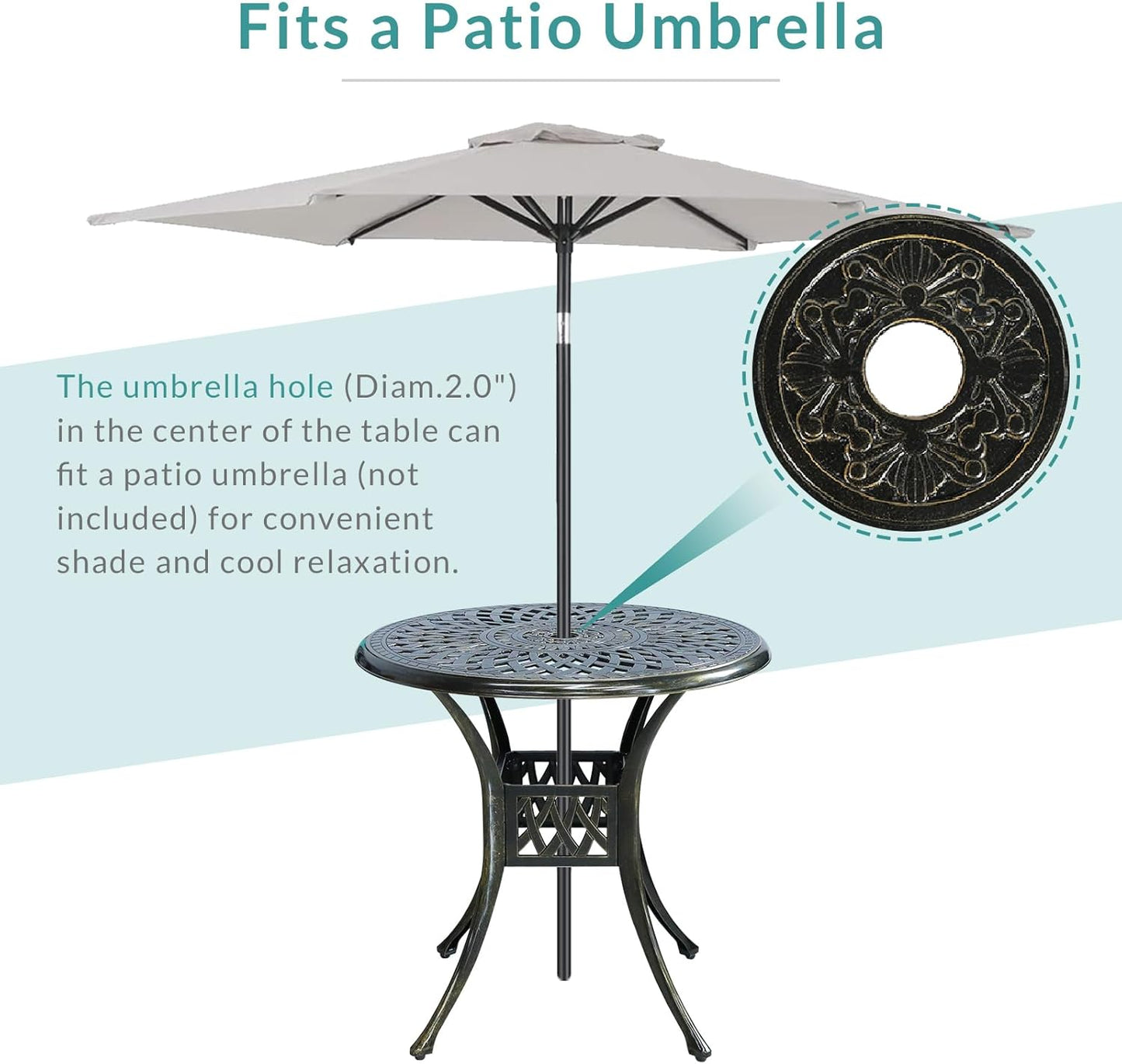MEETWARM 3 Piece Patio Bistro Set, Outdoor All-Weather Cast Aluminum Dining Furniture Set Includes 2 Cushioned Chairs and a 31” Round Table with Umbrella Hole for Garden Deck, Ocean Blue