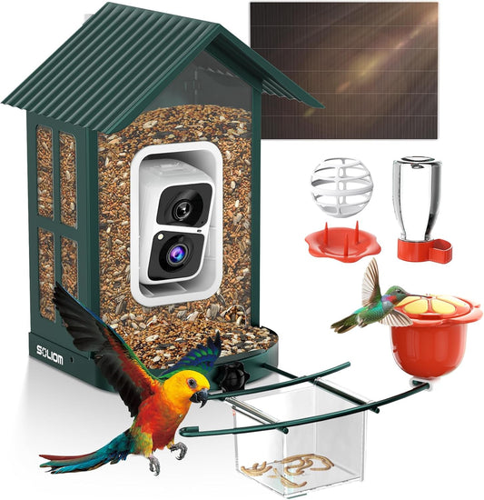 SOLIOM Solar Bird Feeder with Camera for Outdoors - AI Smart Birdhouse, 2K Live View & Instant Alerts, Squirrel Proof - Perfect Bird Watching Gift (Green)