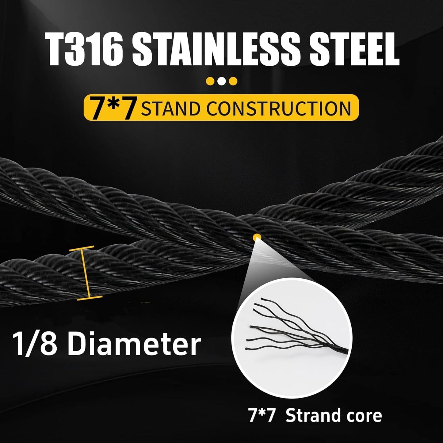 600FT 1/8" Stainless Steel Cable Black, Wire Rope with Cable Cutter, 7x7 Strands,1800lbs Breaking Strength, Aircraft Cable Rope for Deck Cable Railing, Stair, Fence, DIY Balustrades
