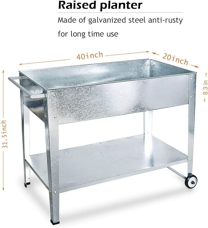 Raised Planter Box with Legs Outdoor Standing Elevated Garden Bed On Wheels for Vegetables Herb Patio Apartment, Galvanized