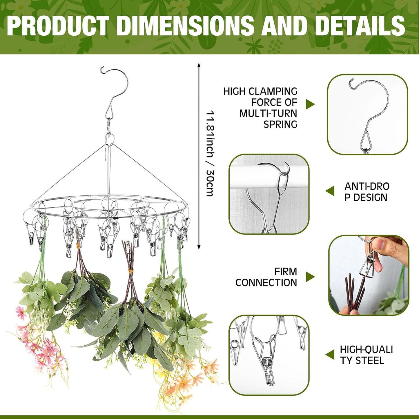Bokon 4 Pcs Hanging Drying Rack for Herb Macrame Flower with Stainless Clip Dryer Hook for Drying Herb Air Plants Spices Flower Hydroponic Plant Ready to Use with Ceiling Hook(Round)