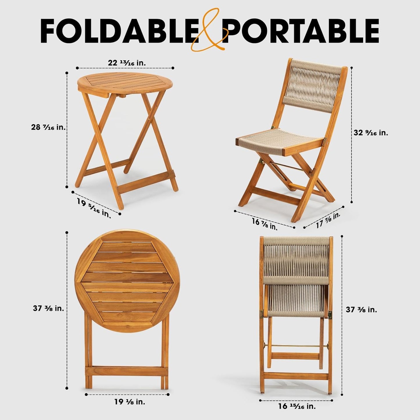 IDZO Wood Rope Design Heavy Duty 400lbs Capacity Patio Bistro Set 3 Piece Outdoor, Folding Chairs with Elegant