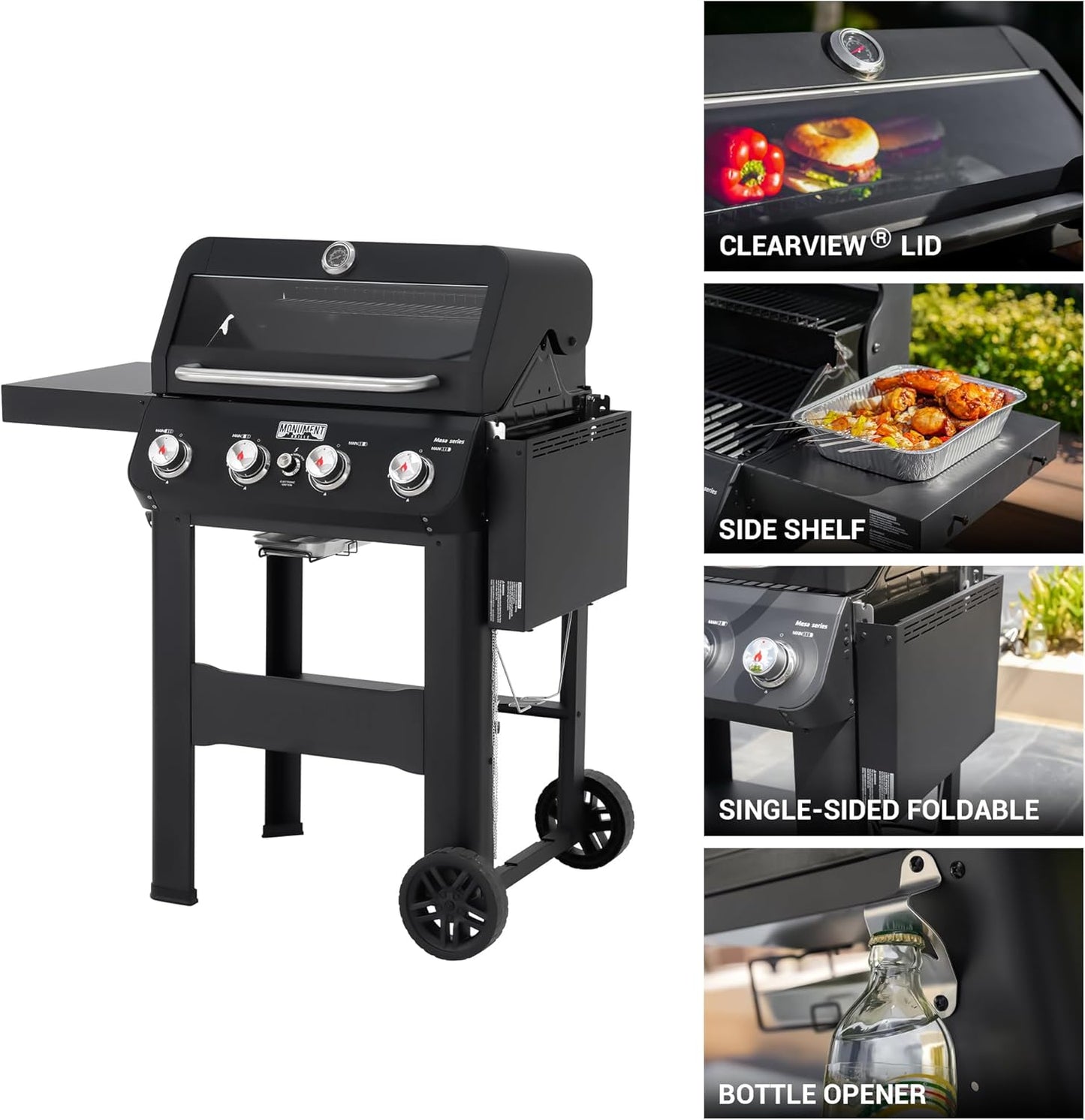 Monument Grills 4-Burner Liquid Propane Gas Grill, Matte Black Stainless Steel Burner Grill with Clearview® Lid, One Foldable Shelf for Outdoor Cooking Kitchen Patio Backyard, Mesa420MF with BBQ Cover