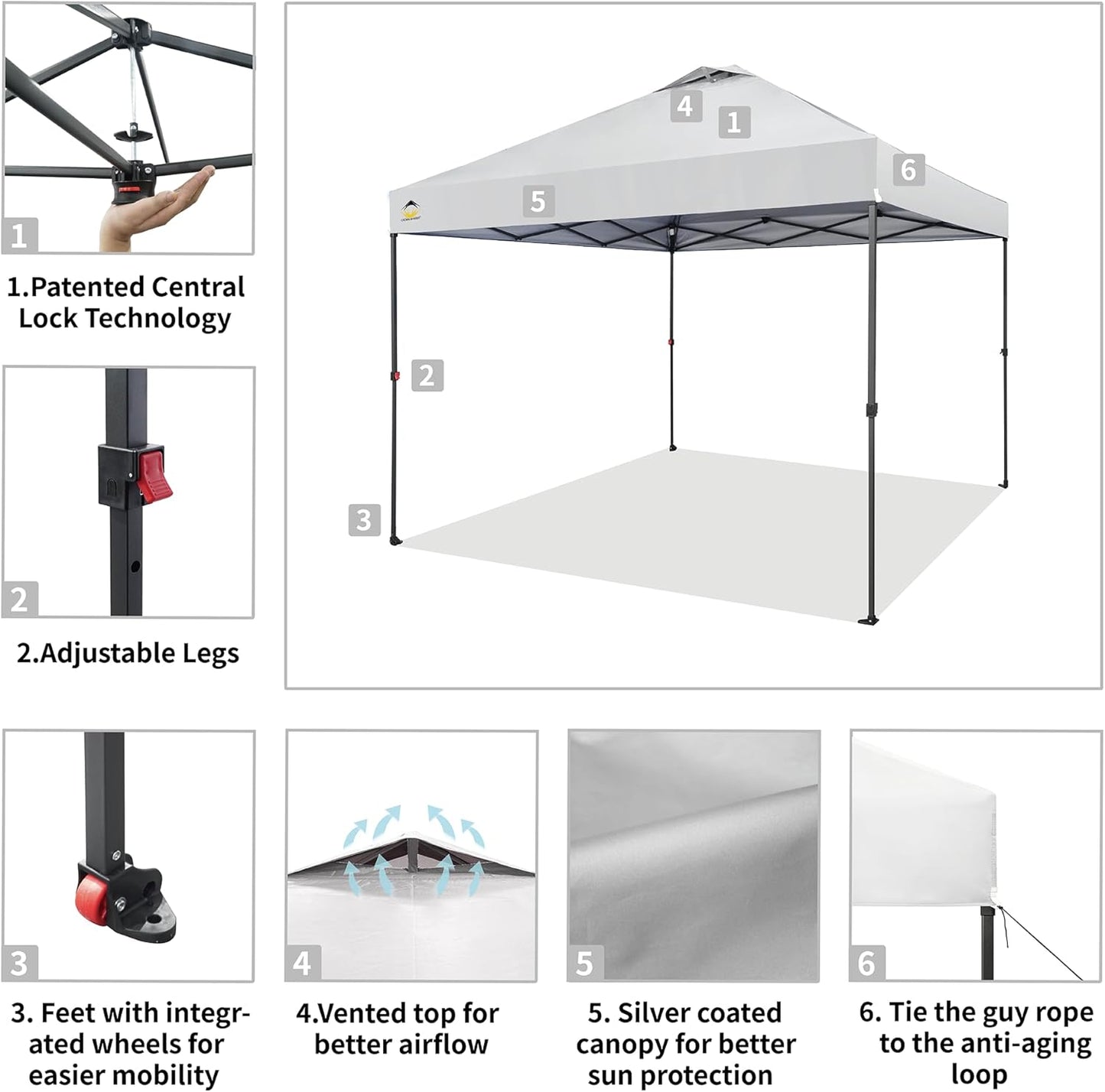 CROWN SHADES 10x10 Pop Up Canopy - Patented Center Lock One Push Instant Outdoor Canopy Beach Tent with STO-N-Go Bag 8 Stakes & 4 Sand Bags，White