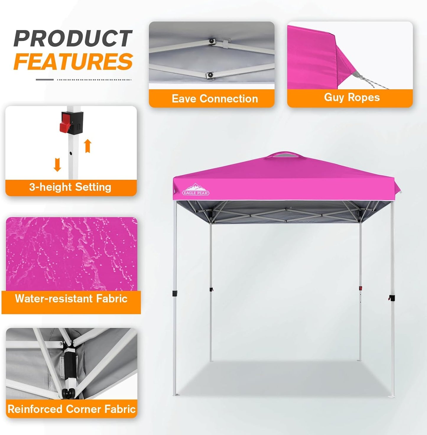 EAGLE PEAK Pop Up Canopy Tent with Wheeled Carry Bag, 8 Stakes, 4 Ropes, Easy Set Up Tent Canopy, 6.6x6.6 ft, Pink
