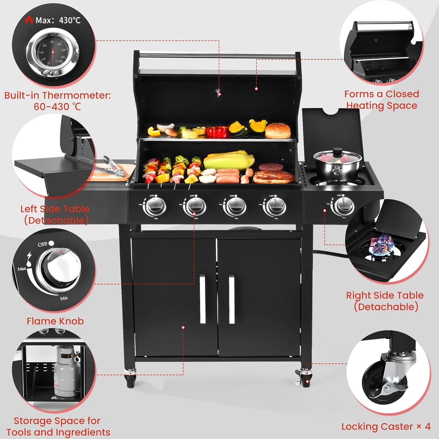 Q043-4-Burner w/Side Burner Gas Grill with 292 SQ.IN. Outdoor Grill with 44,000 BTU,Propane Grills with Top Cover Lid,Grills Outdoor Cooking for Patios,Camping,Balcony,Garden
