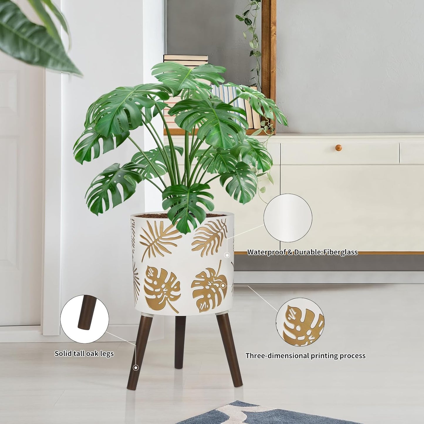 12 Inch Planter for Indoor Plant, Plant Pot with Stand Plants with Stand, Large Planters for Indoor Plants,Flower Pot with Drainage Holes for Outdoor,White and Gold