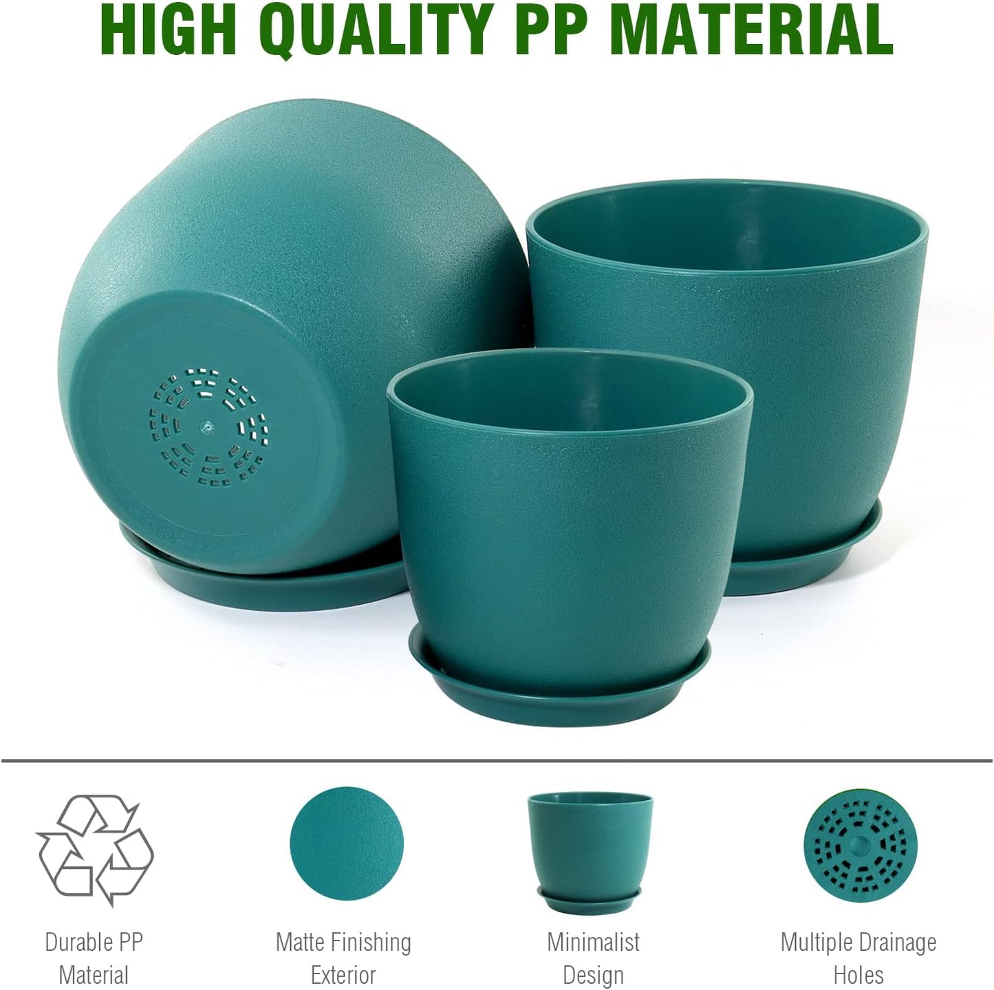 Modern Plant Pots Set, 9/8/7.5 inch Plastic Planters for Indoor Plants, Stylish Flower Pots with Drainage Holes and Saucers for House Plants and Flowers, Blue