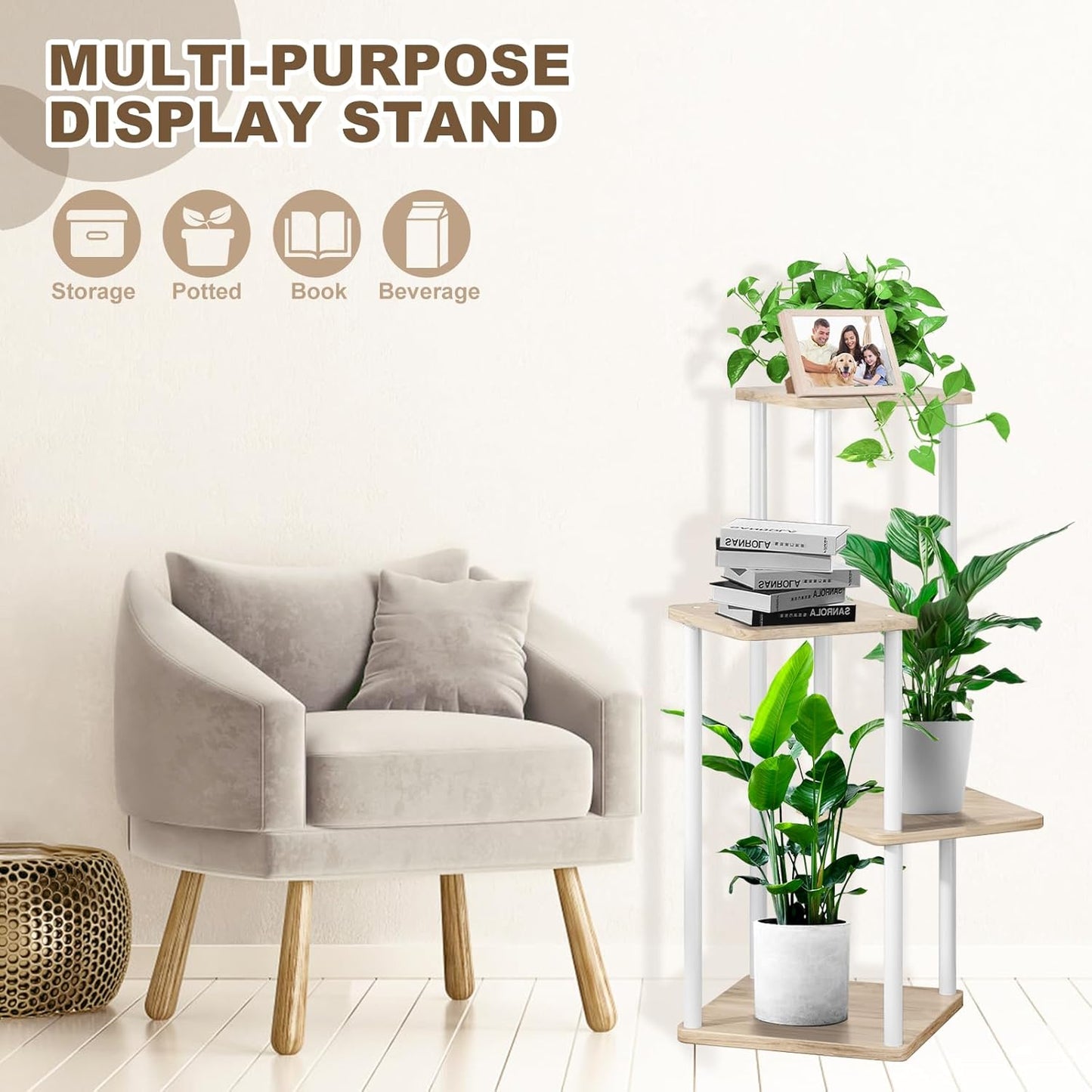 4 Tier Indoor Plant Stand Flower Shelf for Multiple Plants Corner, Tall Flower Holders for Patio Garden Living Room Balcony Bedroom(White Oak)