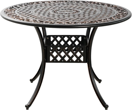 Cast Aluminum Outdoor Dining Table 42" Round Patio Dining Table with 1.7" Umbrella Hole,Large Garden Patio Table for 4-6 People, Bronze