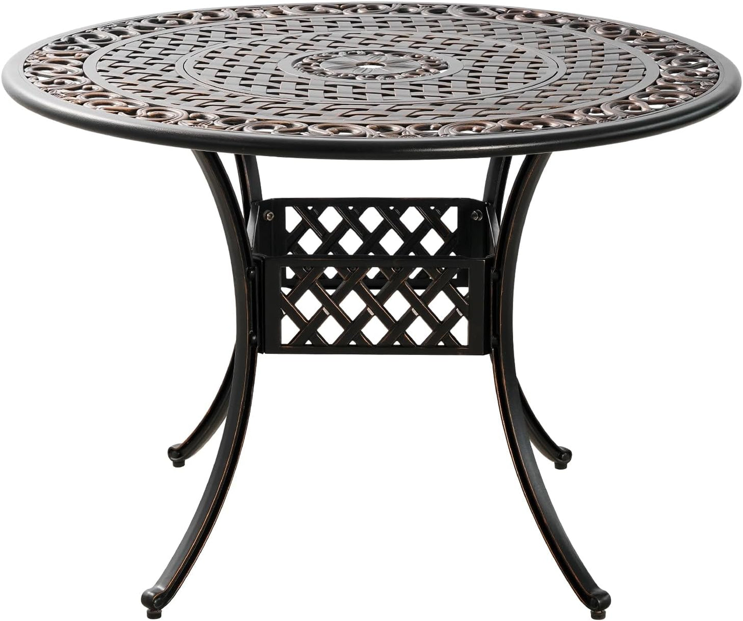 42" Round Cast Aluminum Patio Table with 4-6 Person,Outdoor Patio Dining Table with 1.7" Umbrella Hole,Metal Patio Table for Garden,Porch,Yard,Bronze