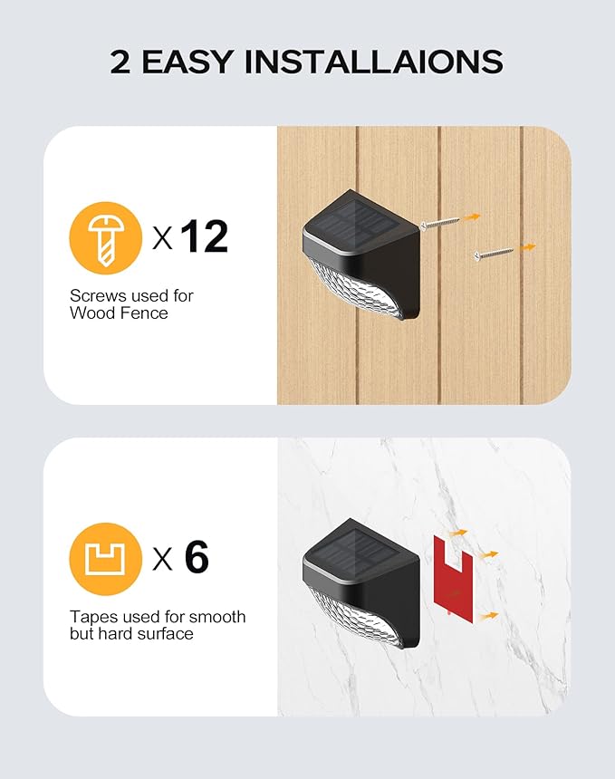 Solar Step Lights 30 LM, 2 Modes Solar Fence Light Waterproof for Wall, Rail, Porch, Backyard, Garden, Decorative Solar Lights for Outside, Garden Solar Lights Decorative 6 Pack