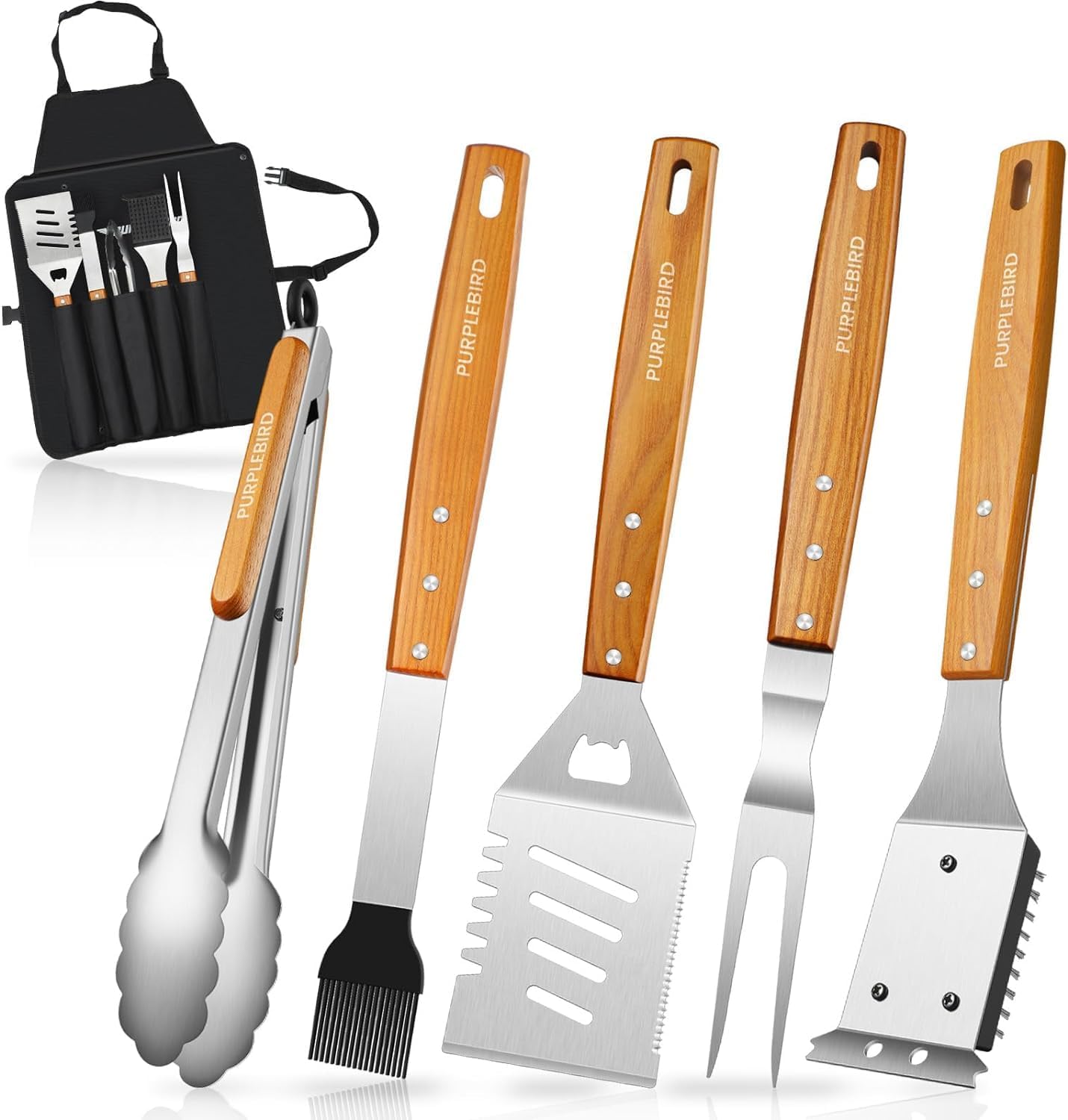 PURPLEBIRD Grill Utensils Set with Brush - 5pcs Grilling Tools Set with Bag Apron, Heavy Duty BBQ Tool Sets with Long Wood Handle, Stainless Grilling Accessories for Outdoor Grill