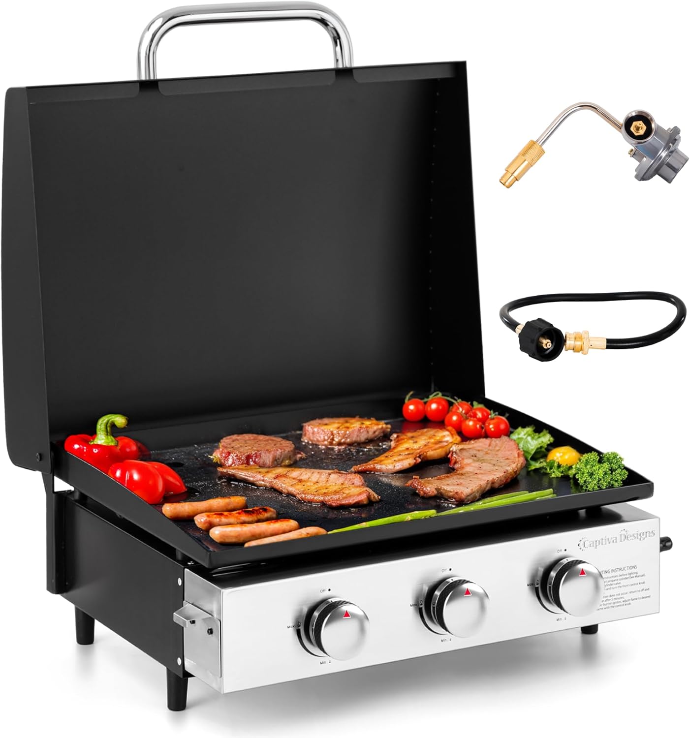MFSTUDIO 22 Inch Flat Top Grill with Ceramic Coated Cast Iron Pan, 3 Burners Portable Tabletop Propane Gas Griddle Grill for Camping, Outdoor & Tailgating Barbecue, 24,000 BTU