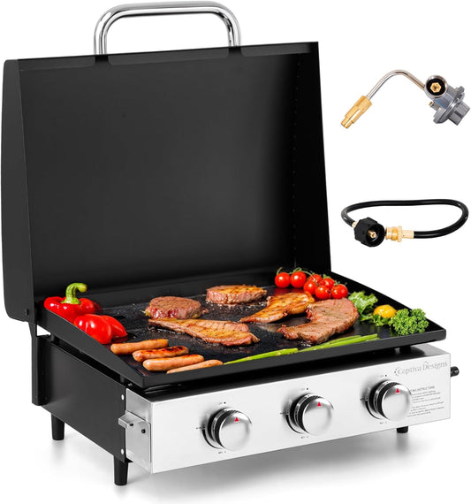 MFSTUDIO 22 Inch Flat Top Grill with Ceramic Coated Cast Iron Pan, 3 Burners Portable Tabletop Propane Gas Griddle Grill for Camping, Outdoor & Tailgating Barbecue, 24,000 BTU
