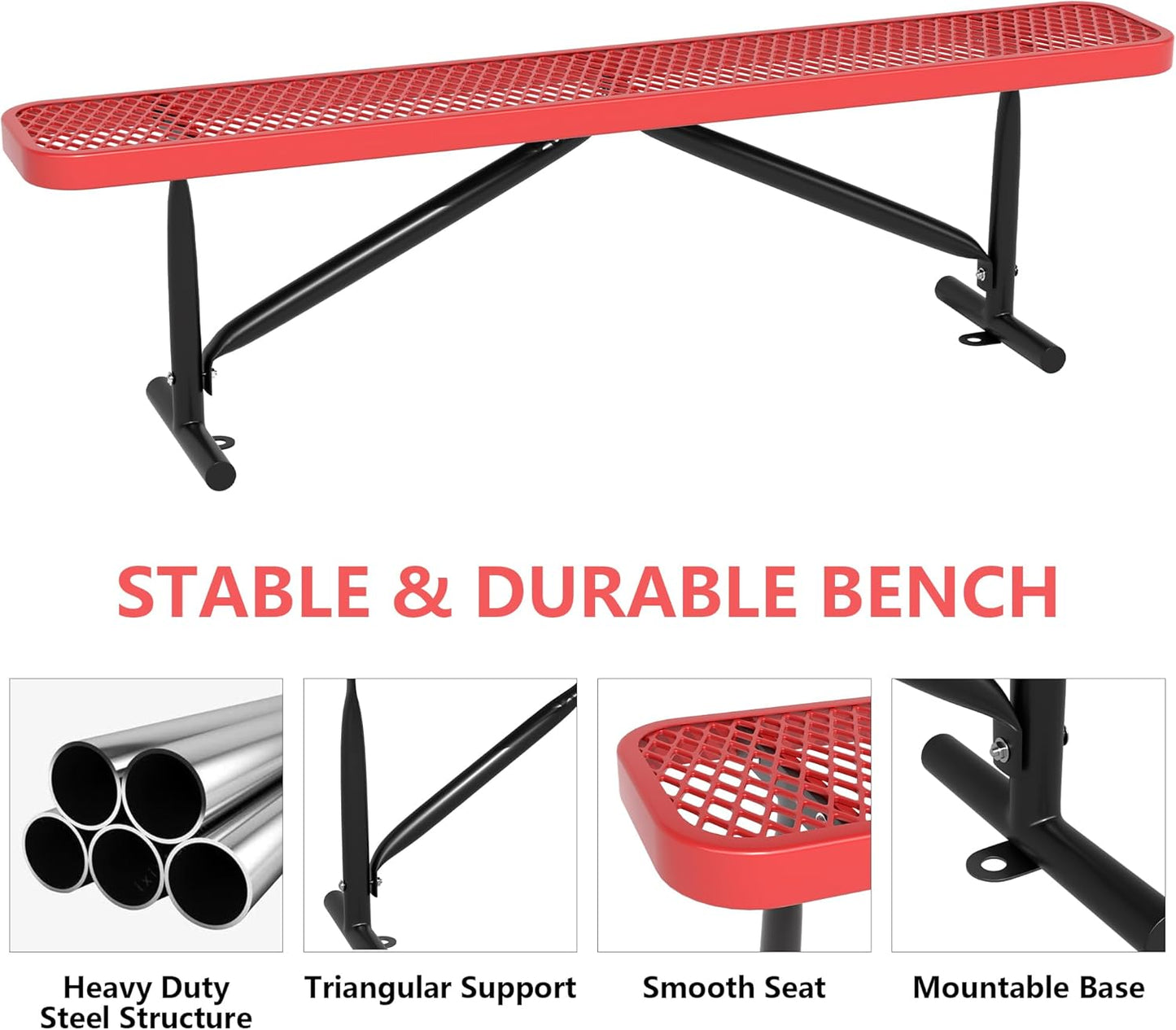 48" L Outdoor Steel Flat Bench, Heavy Duty Metal Park Bench for Outside, Expanded Metal, Commercial Benches Mesh Bench for Shopping Mall, Store, Lawn, Park, Patio, Deck, Garden (Red, 6FT)