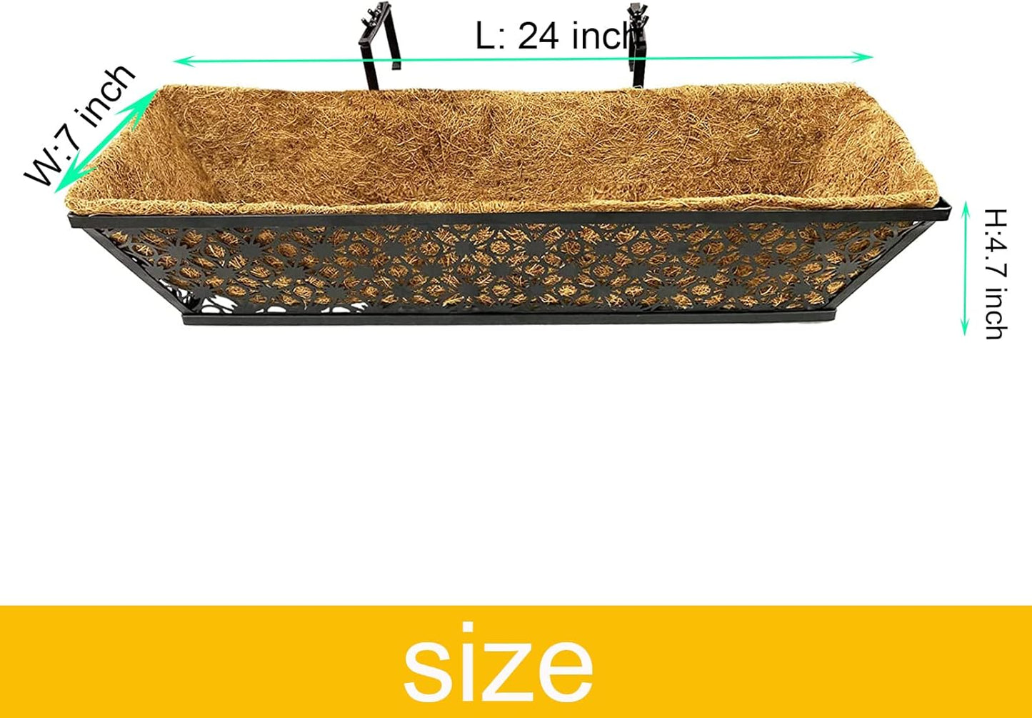 2 Set Deck Railing Planter Box 24" Black Metal Garden Trough Deck Planter English Horse Trough Window Box with Coco Liners