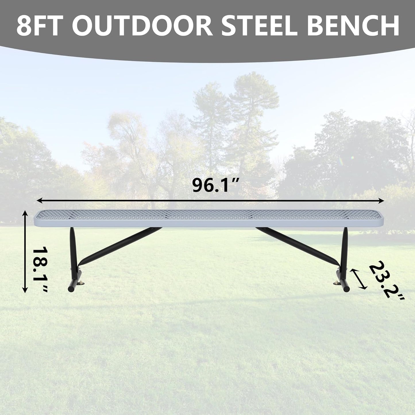 48" L Outdoor Steel Flat Bench, Heavy Duty Metal Park Bench for Outside, Expanded Metal, Commercial Benches Mesh Bench for Shopping Mall, Store, Lawn, Park, Patio, Deck, Garden (Grey, 8FT)