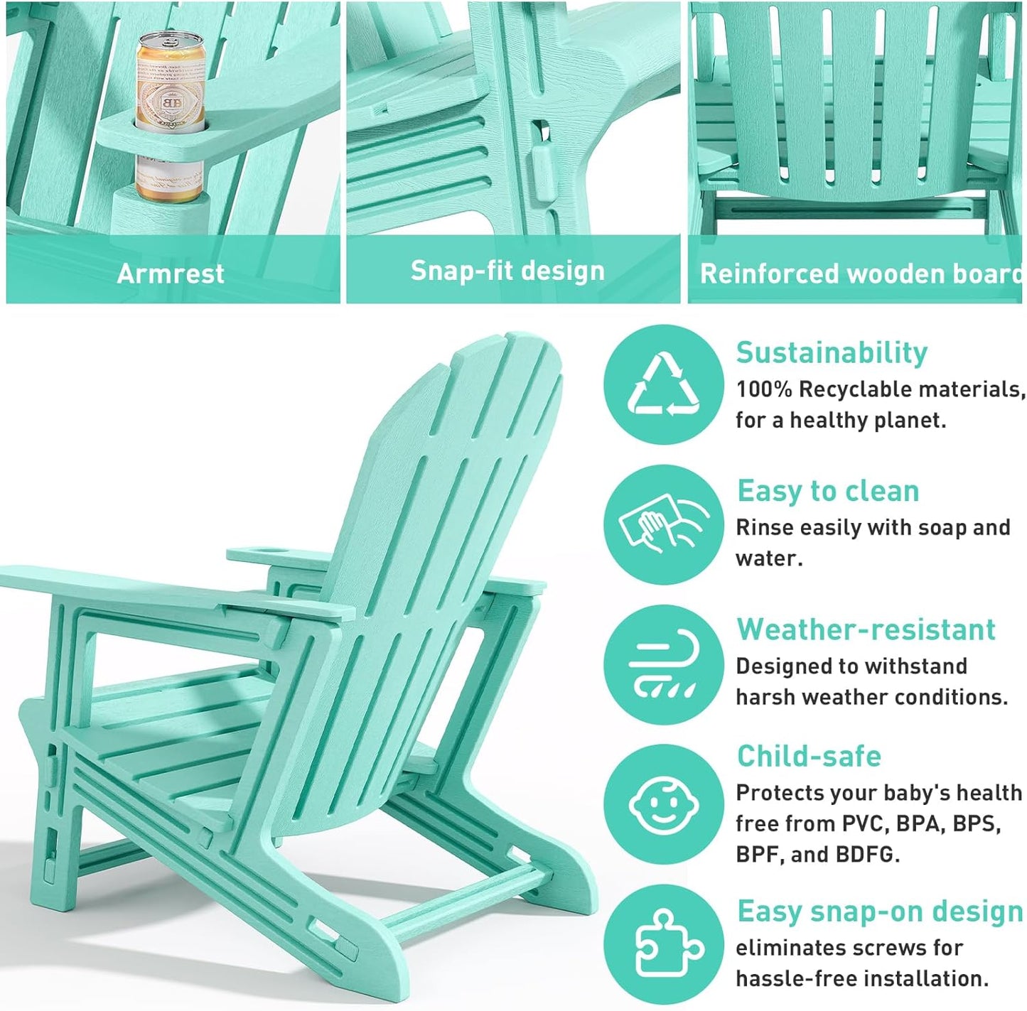Adirondack Chairs Set of 2, Tool-Free Assembly All-Weather Plastic Adirondack Chairs, HDPE Fire Pit Chairs with Cup Holder, Outdoor Chair for Patio Garden (Aruba)