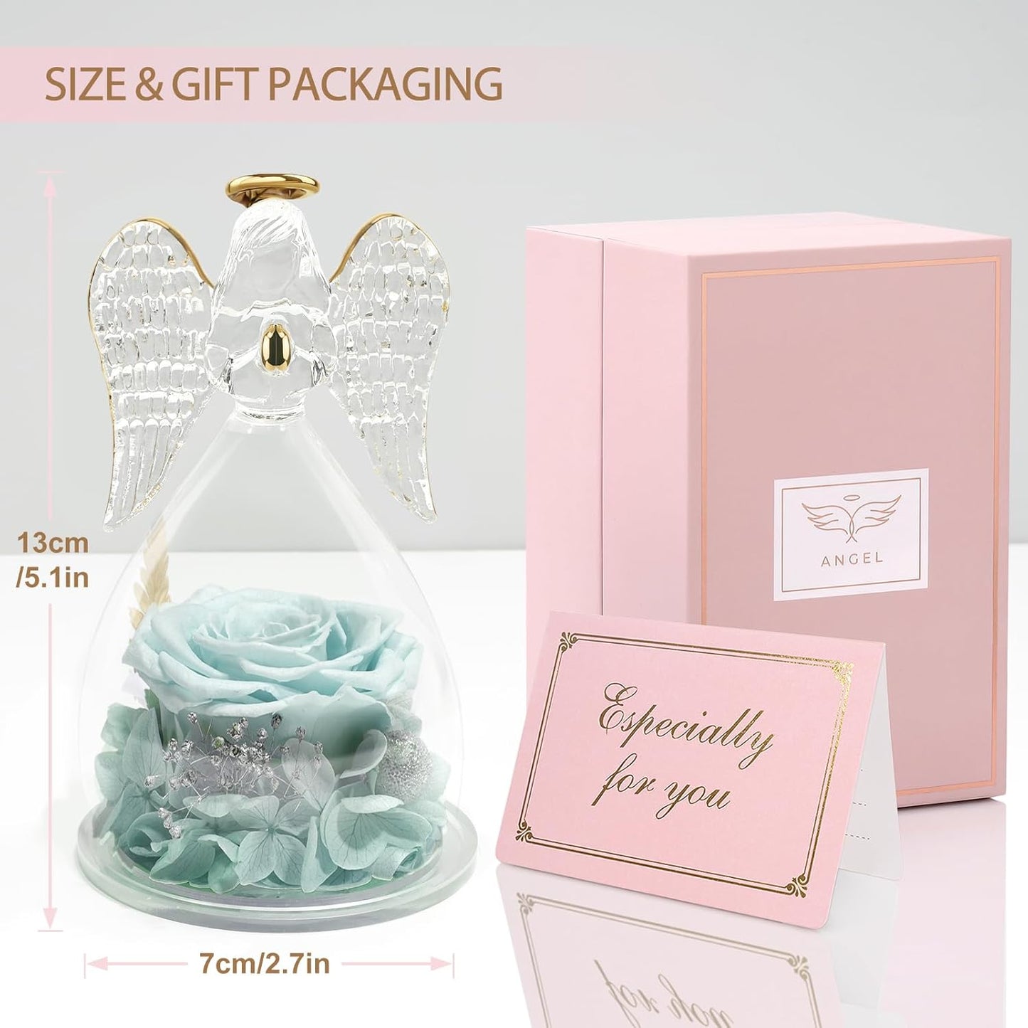 Yamonic Mom Birthday Gifts for Mom, Glass Angel Figurines Forever Real Rose Gifts for Her Women Grandma, Preserved Rose Angel Figurine for Mothers Day Birthday Gifts for Moms from Daughter(Pale Blue)