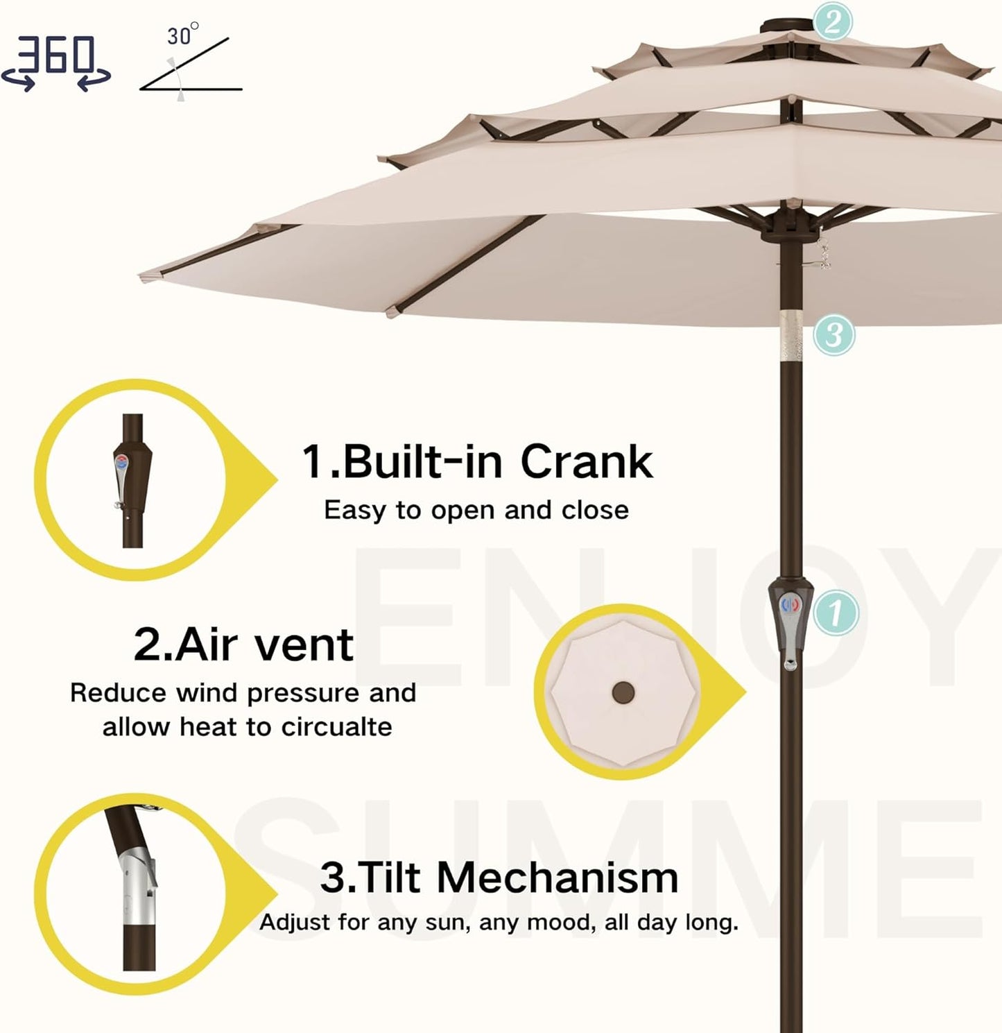 Kingdura 10ft 3-Tier Patio Umbrella, Outdoor Table Umbrella with Easy Crank & Tilt, 8 Reinforced Ribs, UV Protection for Deck, Pool, Market, Backyard (Beige)