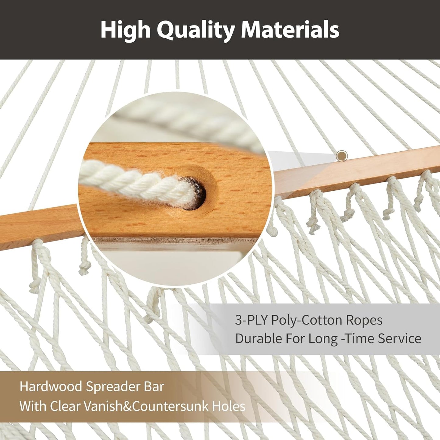 Outdoor Double Hammock with Hardwood Spreader Bars, Large Rope Hammock with Polyester Pad and Pillow, 475 LBS Capacity for 2 Person Patio Backyard Poolside - Tan