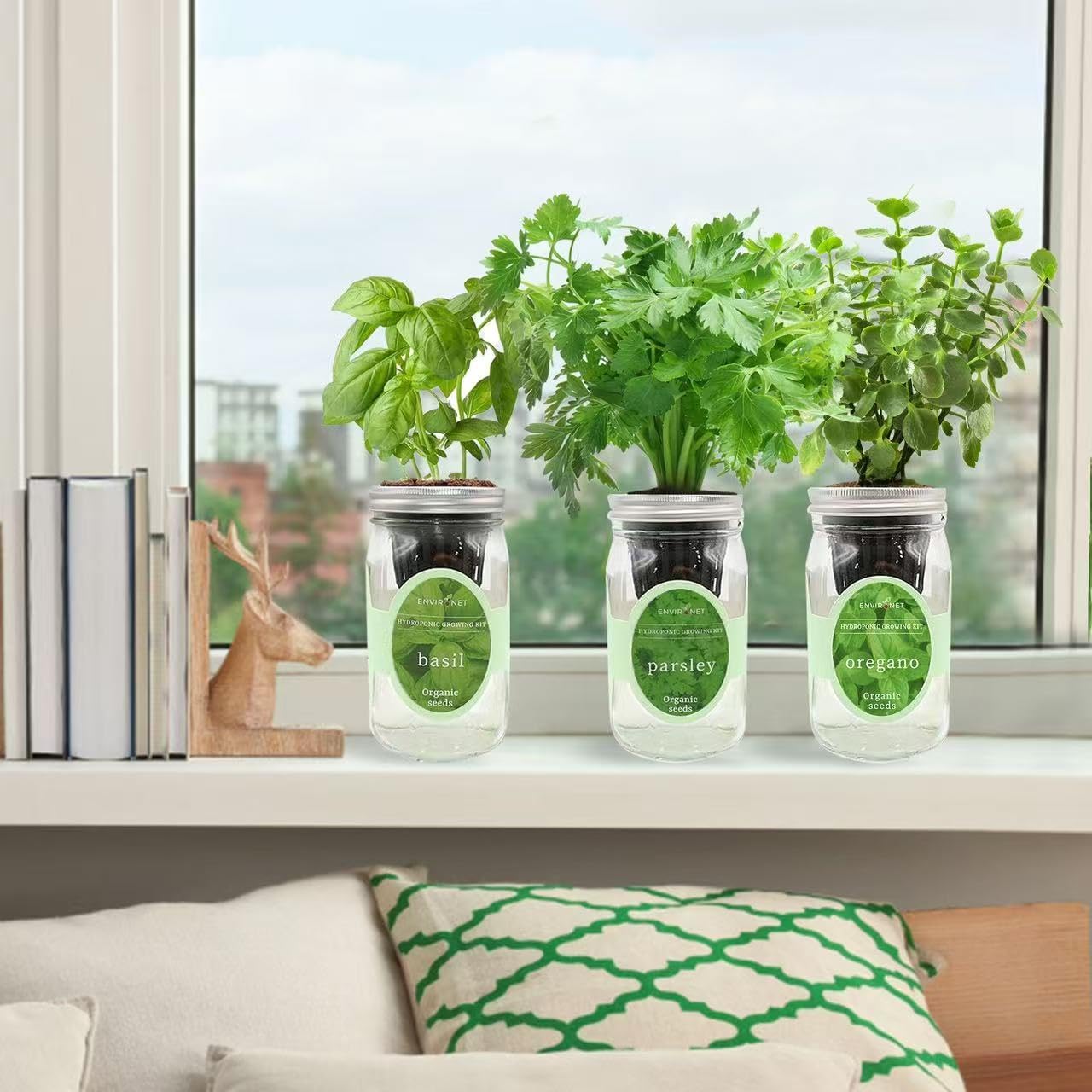 Hydroponic Herb Growing Kit Set, Self-Watering Mason Jar Herb Garden Starter Kit Indoor, Window Herbs Garden, Grow Your Own Plants from Organic Seeds (Basil, Parsley and Oregano)