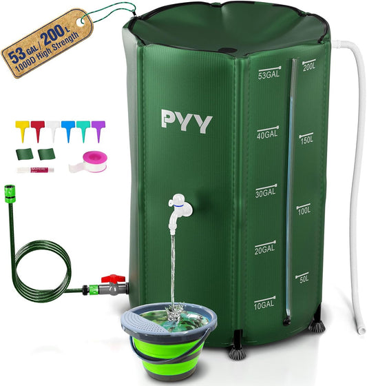 PYY Rain Water Collection Barrel - 53 Gallon Green Water Storage Tank with Spigots, Hose and Portable Bucket, Large Plastic Collapsible Rain Catcher Catchment System to Collect Rainwater from Gutter
