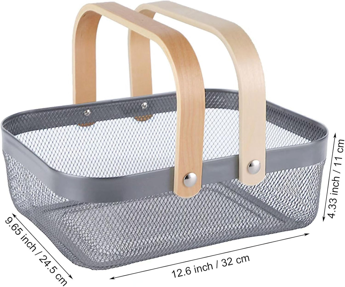 Metal Mesh Steel Basket, Storage Organizer Basket Garden Harvest Basket Multi-functional Kitchen Fruit Baskets Bin with Wooden Handle for Bathroom Picnic Shopping Decor Cabinet Home, Grey