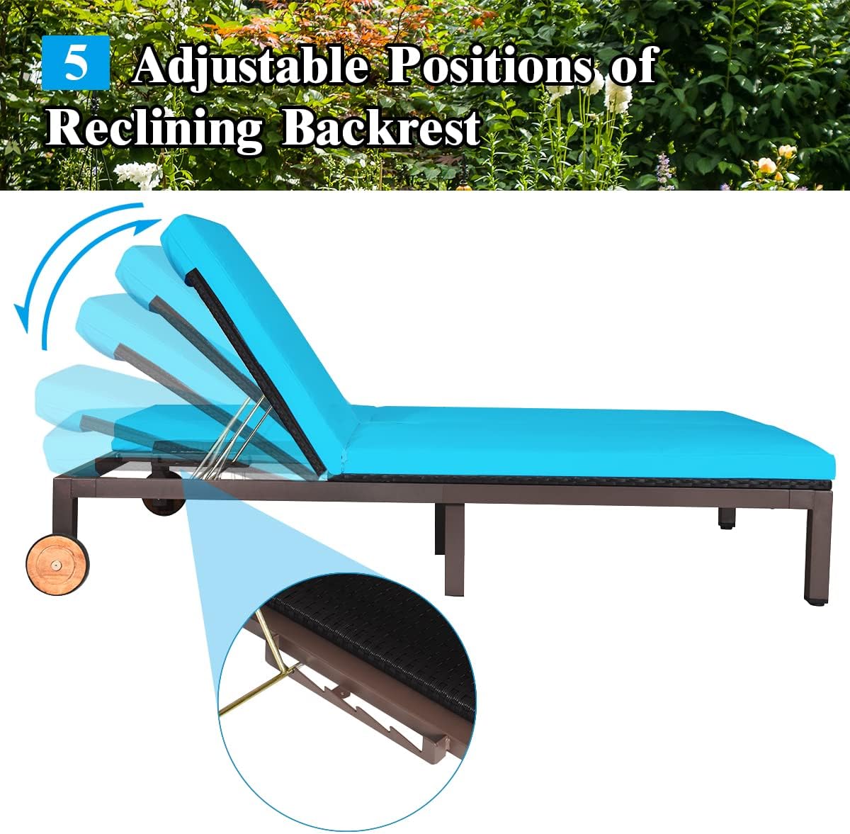 Tangkula 2-Person Patio Lounge Chair, Outdoor Rattan Double Wicker Daybed Chaise Lounge Chair with Adjustable Backrest Wheels & Cushion, Patio Sofa for Garden Lawn Backyard (Turquoise)