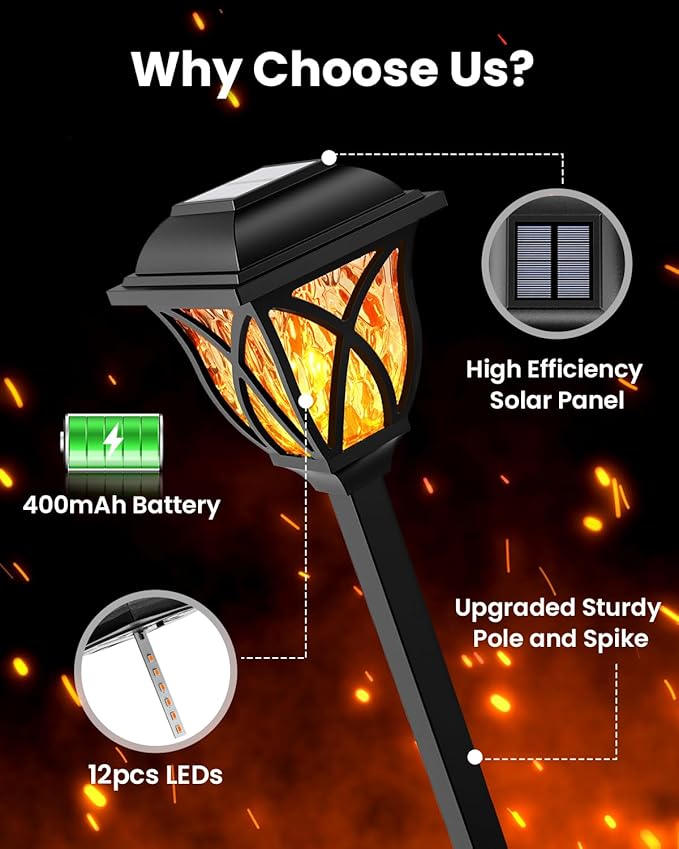 Solar Lights Outdoor, Solar Torch Lights with Flickering Flame, Solar Powered Outdoor Decorations Waterproof, Tiki Torches for Garden Yard Path Patio Porch Outside Decor (8 Pack)