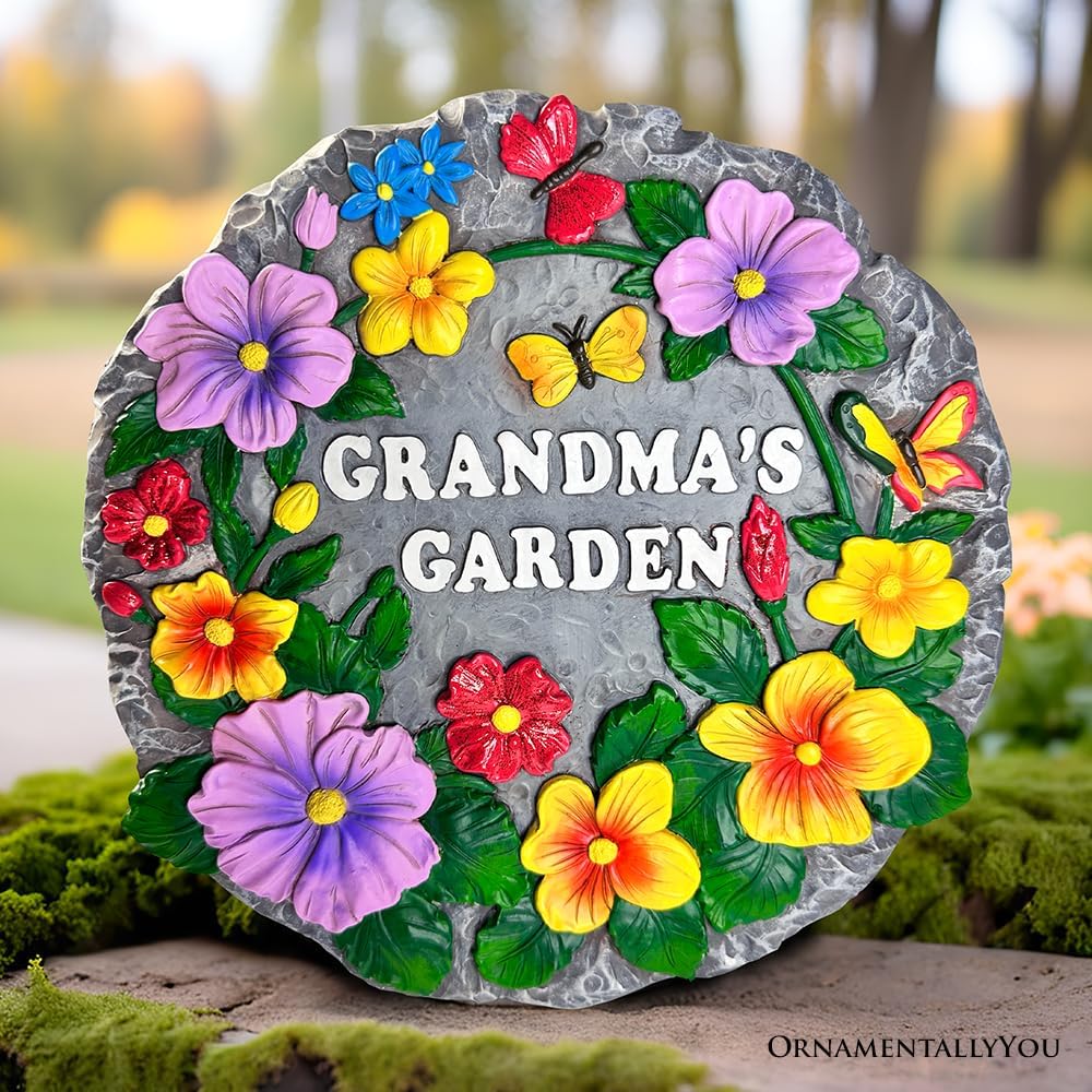 Elegant Resin Stepping Stone, Outdoor Garden Pathway Decoration (Grandma’s Garden Floral Stepping Stone, 9.5" Decorative Outdoor Decoration)