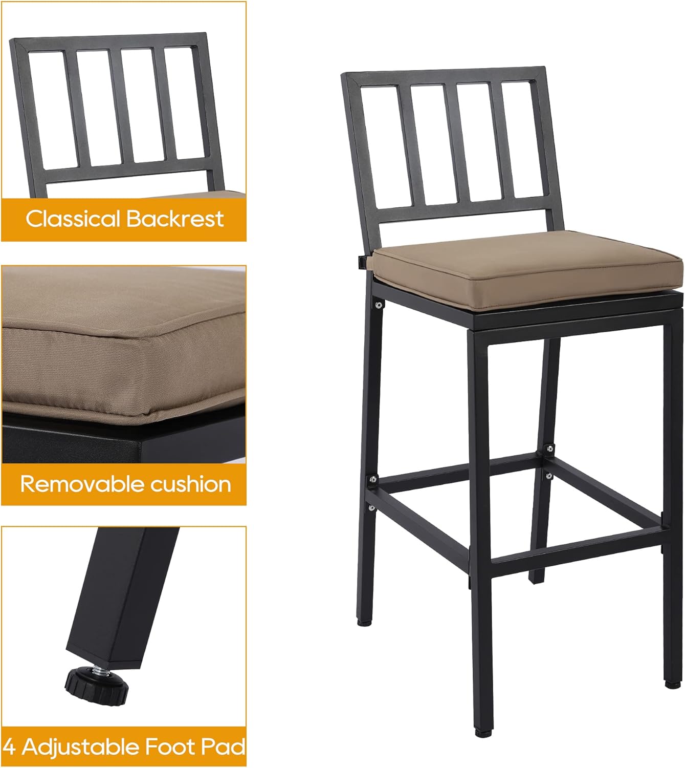 Outdoor Patio Bar Set, Bar Height Patio Dining Set, Weather-Resistant Bistro Counter Pub Set with Cushions & Slatted Tabletop for Backyard, Garden, Yard (63" Table, 6 "I Style Stool, Black)