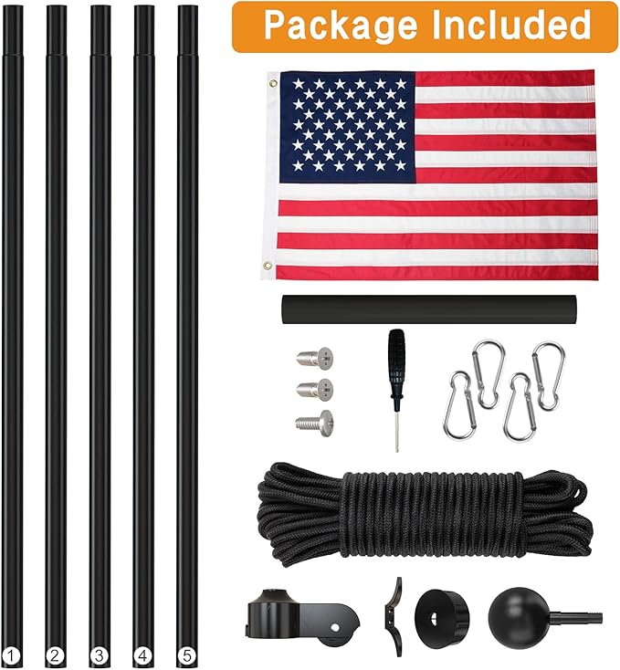 NELXINJO 20FT Sectional Flag Pole Kit, Heavy Duty Aluminum Outdoor In-Ground Flagpole, Black Ball Top, 3x5 USA Flag for Residential commercial Outdoor Garden(20FT, Black)