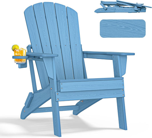 Folding Adirondack Chair with Cup Holder,All-Weather Adirondack Chair,Patio Chair,HDPE-Wooden Textured Lawn Chair- Light Blue